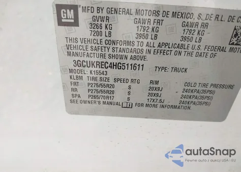 2017 Chevrolet Silverado 1500 2Lt из США, поврежденный, VIN 3GCUKREC4HG511611